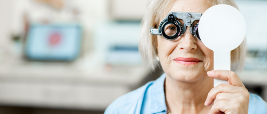 Senior woman wearing trial spectacles.