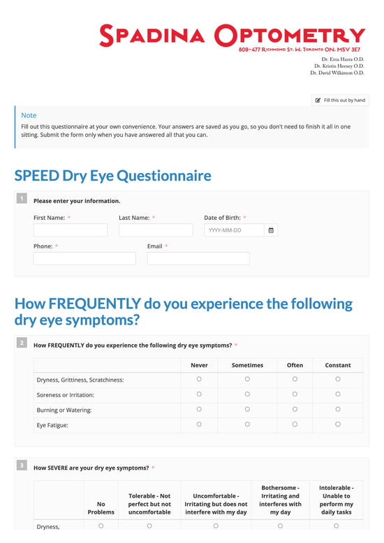 Spadina Optometry SPEED Dry Eye Questionnaire 