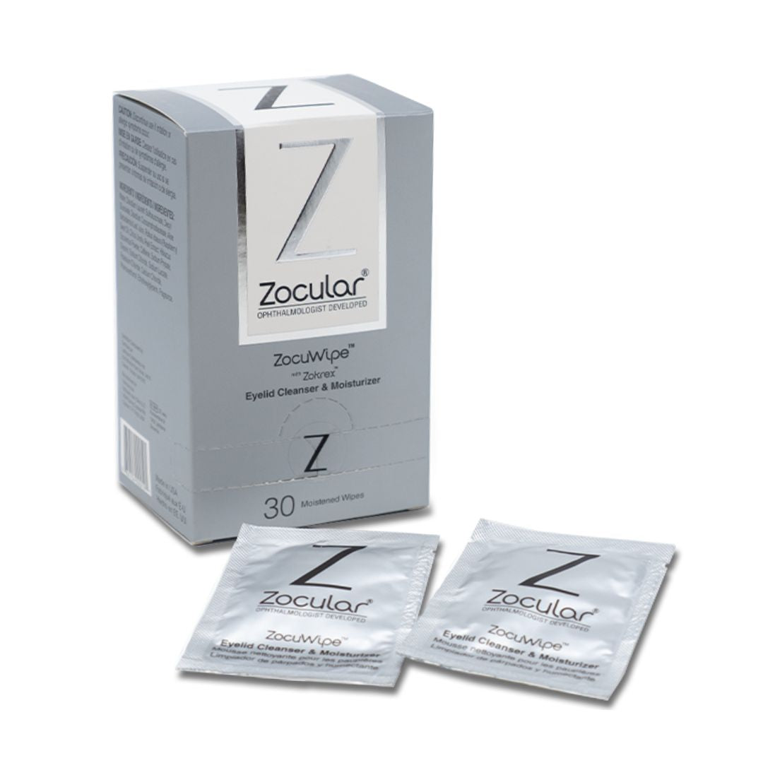 Zocular: Eyelid Cleanser & Moisturizer box of 30 wipes.
