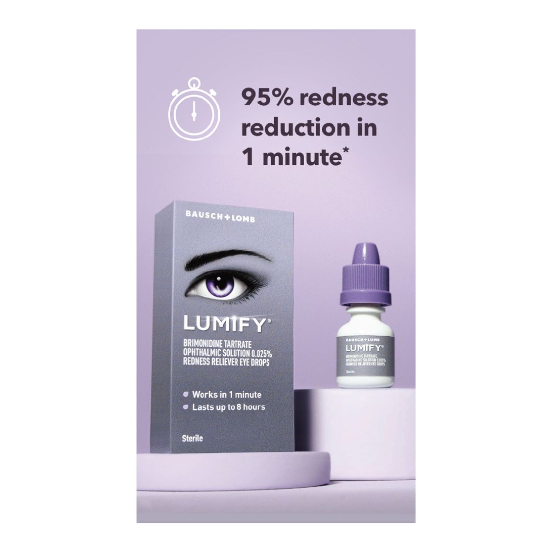 LUMIFY box and bottle promotional image on purple background. Text says 95% redness reeducation in 1 minute*.