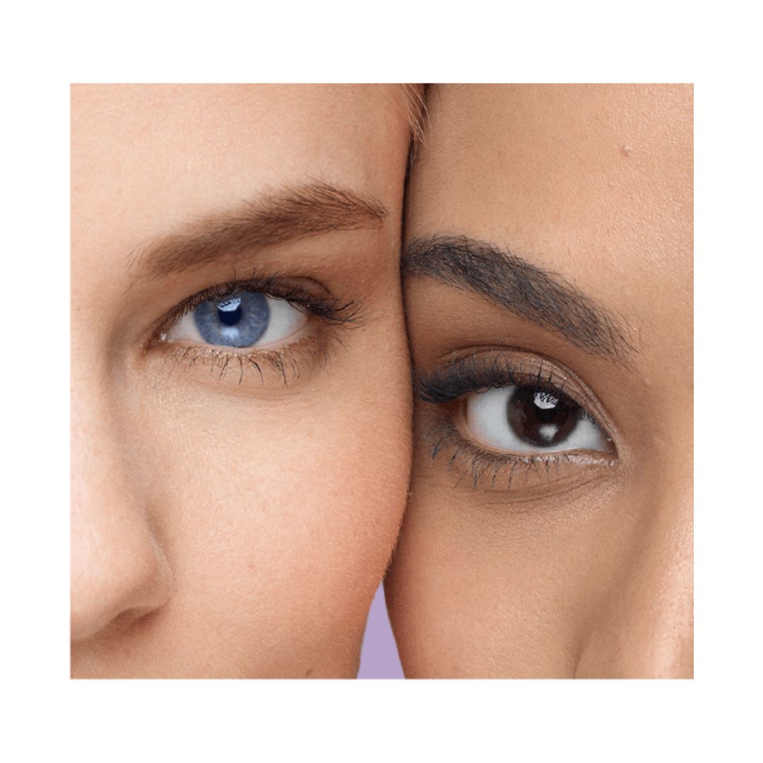 Blue eyed model and brown eyed model with white eyes after using LUMIFY.