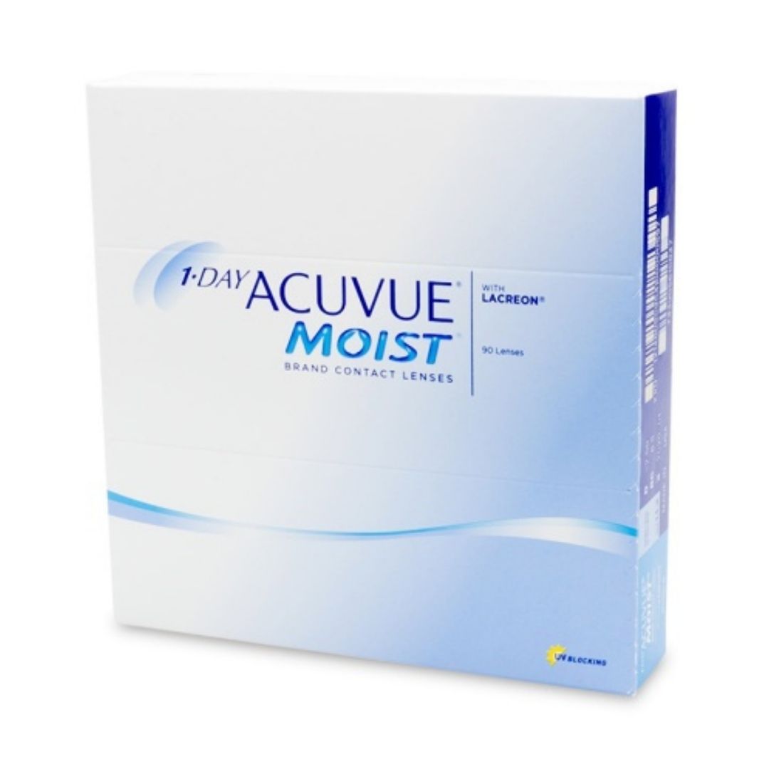 1-Day Acuvue Moist contact lenses 90 pack side view.