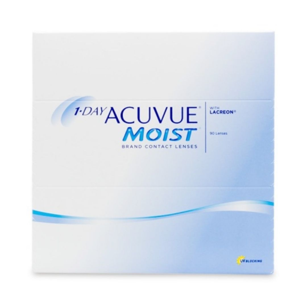 1-Day Acuvue Moist contact lenses 90 pack front view.