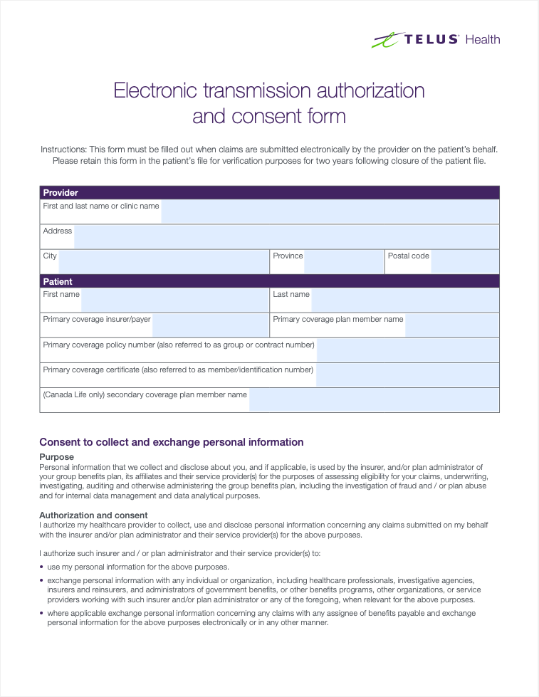 Telus Health Electronic transmission authorization and consent form